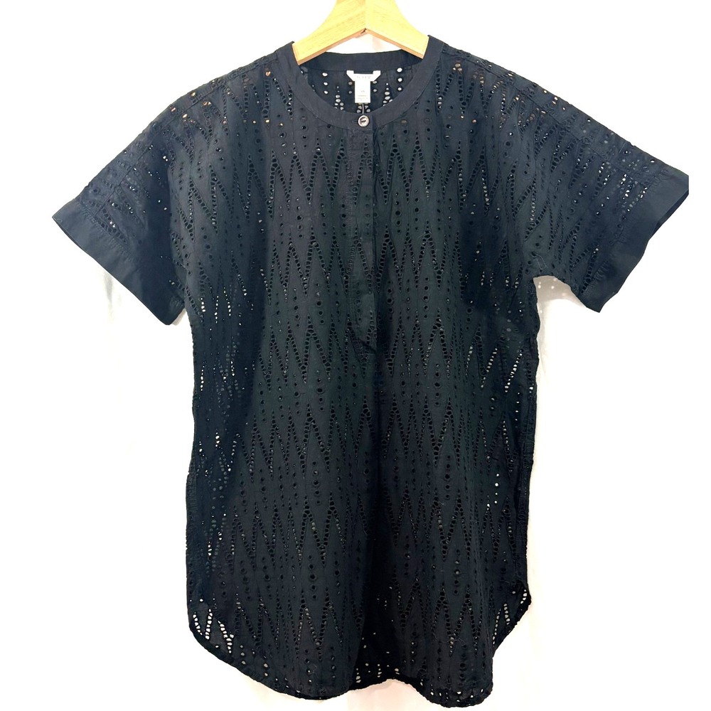 J.CREW‎ Black Zigzag Eyelet Short Sleeve Popover Blouse XS NWT 100% Cotton